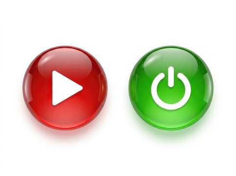 Glossary glass web buttons in red play and green power sign design.