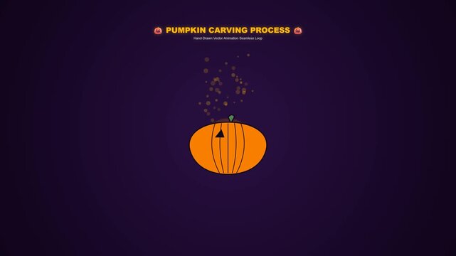 A pristine professional microstock-quality 4K motion graphic with a corrected, organic, beautifully rounded pumpkin shape. Features hand-drawn vector sketch animation of carving facial features, glowi