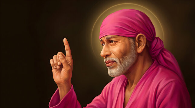 Portrait of shirdi sai baba with a pink headscarf and raised finger showing a divine gesture of blessing