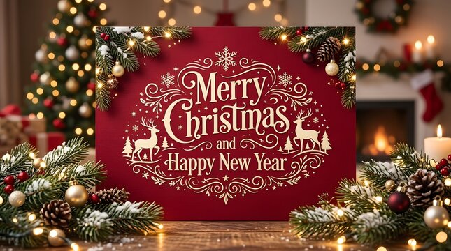 Festive merry christmas and happy new year greeting card on a red wooden background with lights and deer