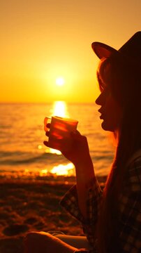 Golden sunset reflection illuminates a woman with a hat holding a glass cup on the sandy shore. Static side profile close-up shot.