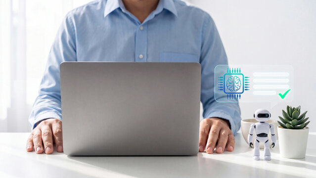 AI chatbot assistant and virtual agent concept, man working on laptop with small robot and AI brain chat bubble with checkmark for automation, online support and productivity