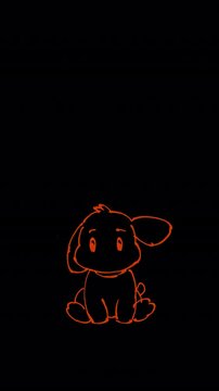 Hand drawn line art 2D animation of a cute puppy sitting and shaking its head with floppy ears and a wagging tail, vertical 9:16 loop with alpha channel.