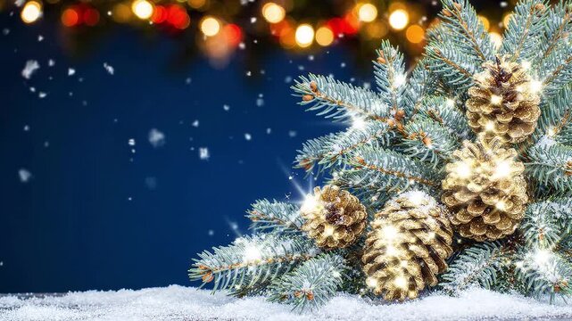 Christmas tree branch with golden pine cones and glowing lights on snowy blue background. Falling snow and bokeh garland. Festive holiday winter backdrop