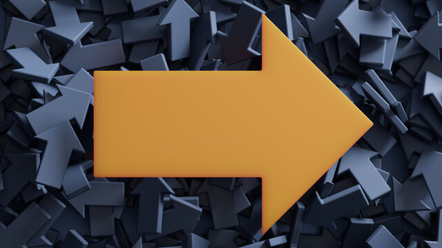 Orange Arrow Pointing Right Amid Blue Arrows Symbolizing Leadership, Direction, Decision And Standing Out