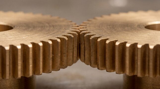 Close-up of two interlocking brass gears representing teamwork, mechanical precision, and engineering progress