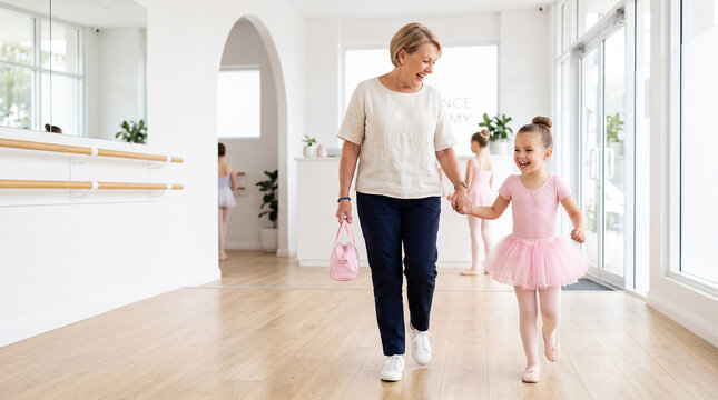 Grandmother accompanying granddaughter to ballet class