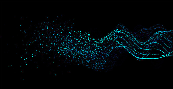 Blue particle stream transforming into abstract digital wave