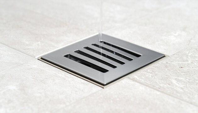 Shower drain grate, water flow: A modern stainless steel shower drain grate with parallel slits, embedded in a light-colored tiled floor, with a stream of clear water flowing into it.
