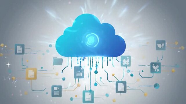 Conceptual illustration of cloud computing network connection with floating digital data folders and file icons on a modern background