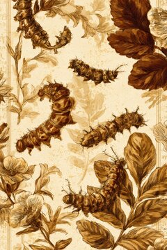 Pen-and-ink and brush wash caterpillar drawings in a classic antiquarian book layout