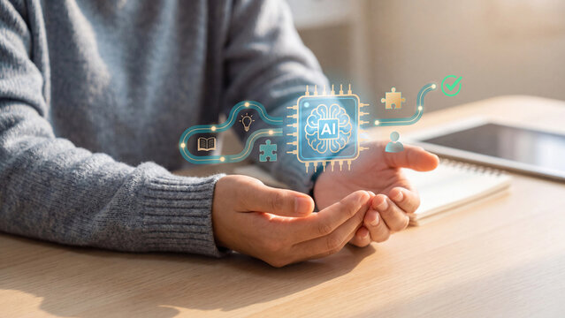 AI personalized learning path and adaptive education concept, student holding AI brain chip hologram with book, lightbulb, puzzle and user checkmark for skill training roadmap