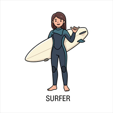 Surfer holding surfboard in wetsuit vector illustration