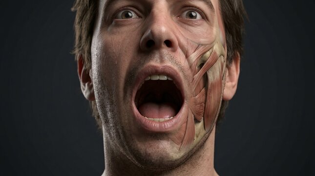 Frontal view of a male character opening his mouth wide in a gasp or yawn, with a clear cutaway overlay displaying the masseter, buccinator, and zygomaticus muscles.