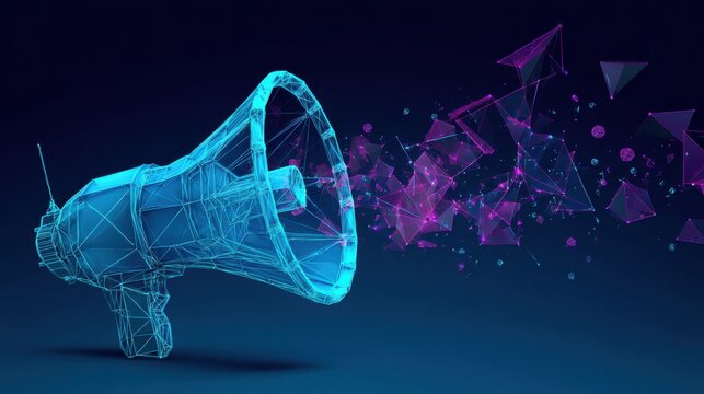 Digital marketing low poly wireframe illustration with 3d computer, megaphone, online advertising notifications, targeted promotion, connected dots, and polygonal digital network mesh art