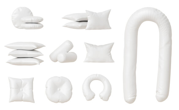 Realistic 3D white pillows and bolsters isolated on background. Render set of round, square, rectangle, neck travel, long pregnancy body cushion mockup for home decor, healthy sleep