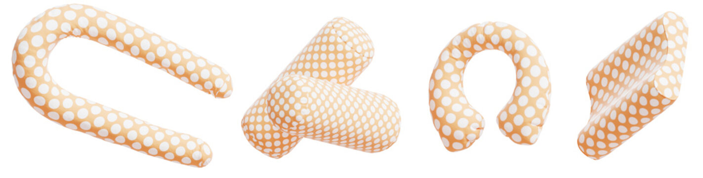 Yellow orange pillows 3d set with white polka dot pattern. Long pregnancy U shaped body support, bolsters, inflatable travel neck, memory foam and orthopedic cushion mockups for sleep