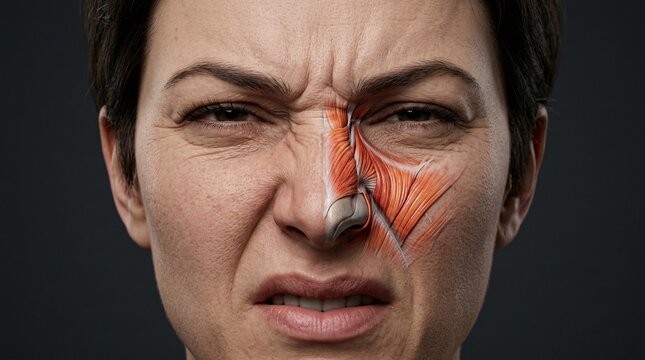 Frontal portrait of a woman making a disgusted expression with a wrinkled nose, showing a targeted muscle overlay of the nasalis and levator labii superioris alaeque nasii.