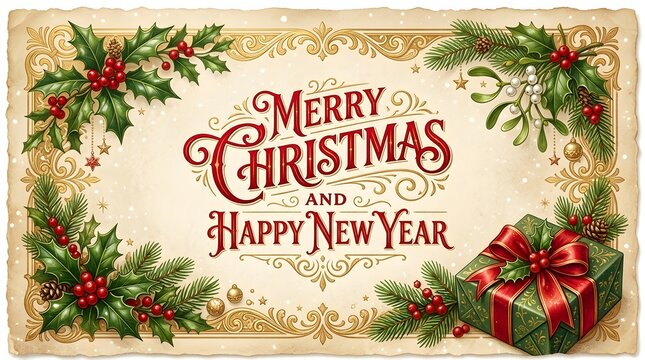 Vintage merry christmas and happy new year greeting card with holly, pine branches, and a gift box