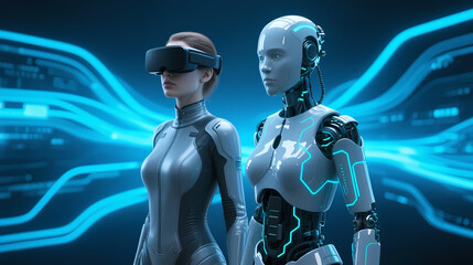 Fototapeta premium Woman and robot in glowing blue suits
