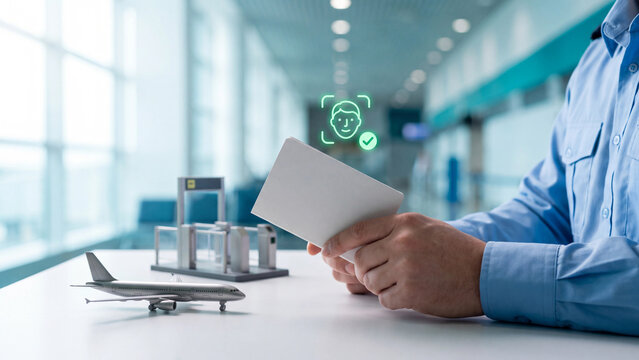 Airport biometric passport control and face recognition concept, officer holding blank passport with airplane model and security gate, face scan checkmark for border check