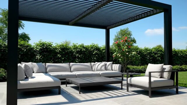 Modern outdoor patio with stylish furniture under a black louvered pergola in a lush garden.