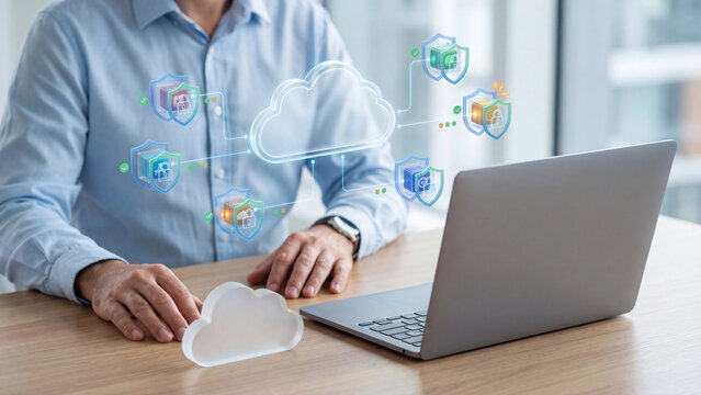 Cloud container security and multi cloud data protection concept, man at laptop with cloud model and cloud network hologram with shield padlock containers for cybersecurity