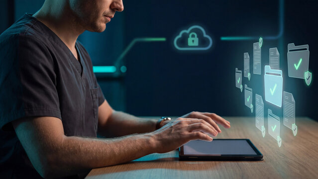 Cloud medical record and healthcare data protection concept, doctor using tablet with cloud padlock and document folders with shield checkmark for patient privacy and ehr