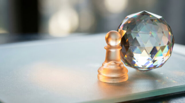 AI agi strategy concept with crystal sphere and wooden chess pawn in soft light