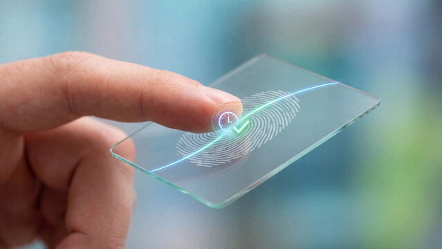 Fingerprint time attendance and biometric authentication concept, finger touching transparent panel with fingerprint scan, clock and checkmark for employee identity verification
