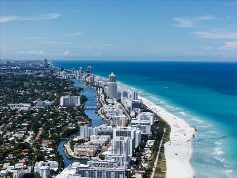 Aerial panorama of Miami Beach, Florida, USA with turquoise Atlantic Ocean and South Beach coastline. g.