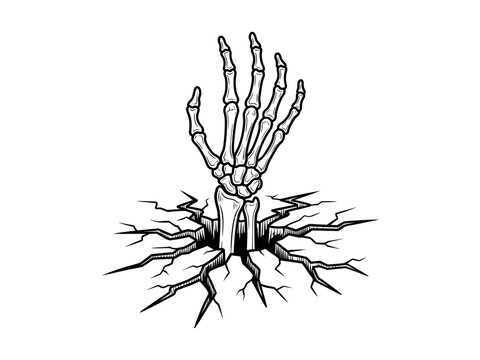 Skeleton hand rising from cracked ground surface drawing isolated black and white on transparent background
