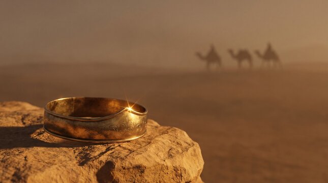 Ancient gold ring rests on a rock in a desert with camels in the background