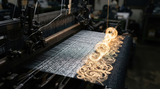 Agi ai textile loom weaving machine produces intricate black fabric with golden ornamental pattern in dark workshop