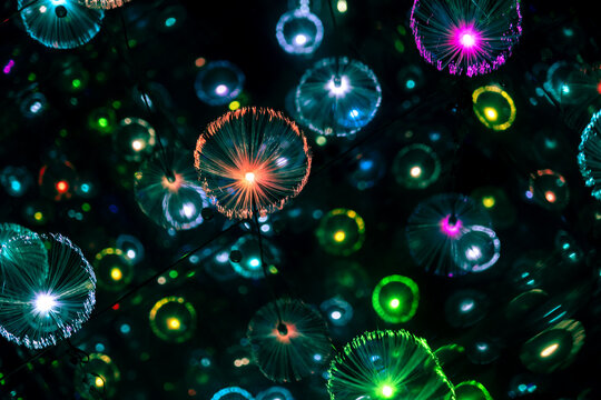 immersive space glowing geometric shapes, lights, and mirrors, geometric shapes floating nearby, abstract cosmic backdrop