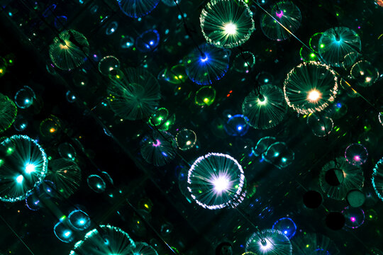 immersive space glowing geometric shapes, lights, and mirrors, geometric shapes floating nearby, abstract cosmic backdrop