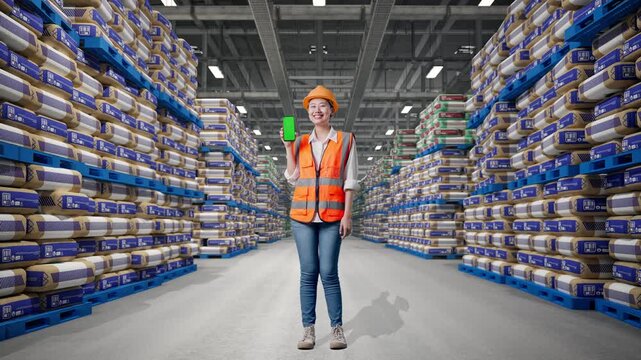 Full Body Of Asian Female Engineer With Safety Helmet Smiling And Showing Green Screen Smartphone To The Camera at Warehouse Stacked Cement Bags Pallets