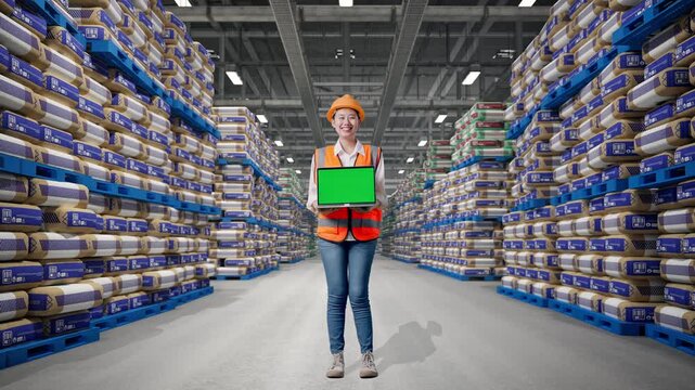 Full Body Of Asian Female Engineer With Safety Helmet Smiling And Showing Green Screen Laptop To The Camera at Warehouse Stacked Cement Bags Pallets
