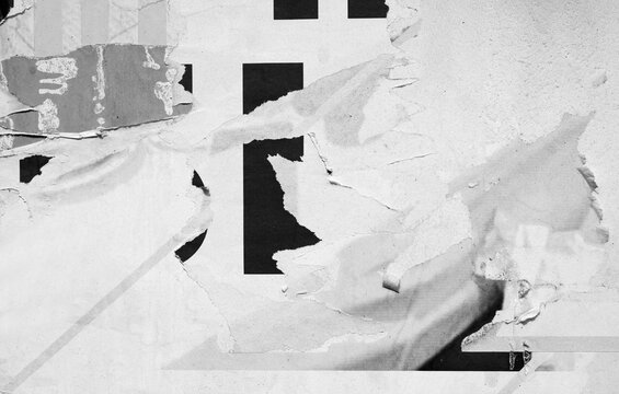 Old ripped torn black and white fly posters textures backgrounds grunge creased crumpled paper vintage collage placards empty space for text