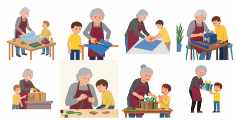 Fototapeta premium Set of illustrations of a grandmother and grandson wrapping holiday gifts together, bonding through DIY craft activities at home.