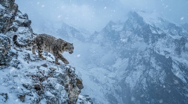Majestic snow leopard walking on a snowy mountain cliff in winter.