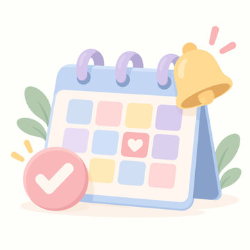A stylized calendar with a checkmark and a bell, representing an organized schedule and important reminders for planning and time management