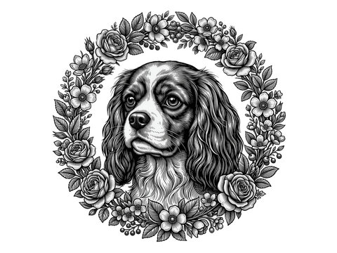 Cavalier King Charles spaniel dog portrait surrounded by detailed floral wreath illustration on transparent background