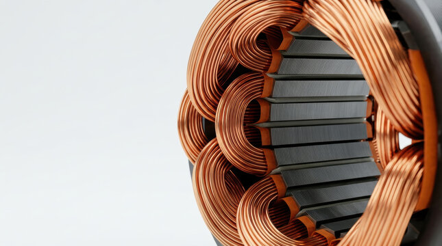 Electric drivetrain research motor copper coil stator closeup reveals precision and innovation in modern engineering design
