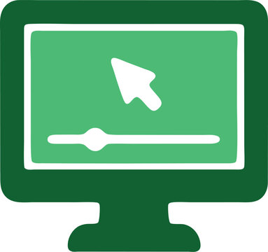 A simple flat icon of a computer monitor screen with a mouse cursor and a progress bar