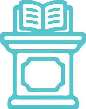 A simple, bold, and minimalist icon of an open book resting on a wooden lectern or podium, rendered in a solid cyan blue color on white background