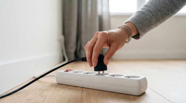 A close up of a hand holding a black power cord, getting unplugged from a white extension strip on a wooden floor in a bright minimalist room to save energy, underscoring the socket