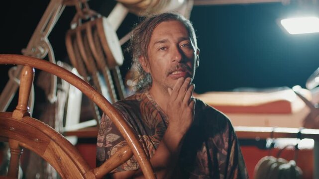 Young man sits on the sailing boat near the helm and talks on camera. Interview with the sailor