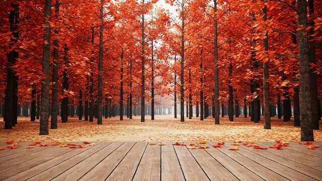 Wooden deck floor leading into a dense autumn forest with vibrant red maple trees and fallen leaves covering the ground in the distance