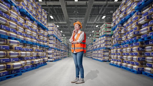 Full Body Side View Of Asian Female Engineer With Safety Helmet Thinking And Looking Around Then Raising Her Index Finger While Standing at Warehouse Stacked Cement Bags Pallets